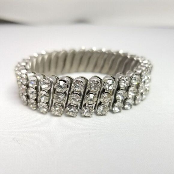 Vintage Three Row Rhinestone Expansion Stretch Bangle Bracelet British Hong Kong - Picture 8 of 8